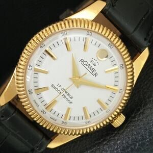 Vintage 1976 Roamer Manual Mens Gold Watch W/Leather Strap & White accents